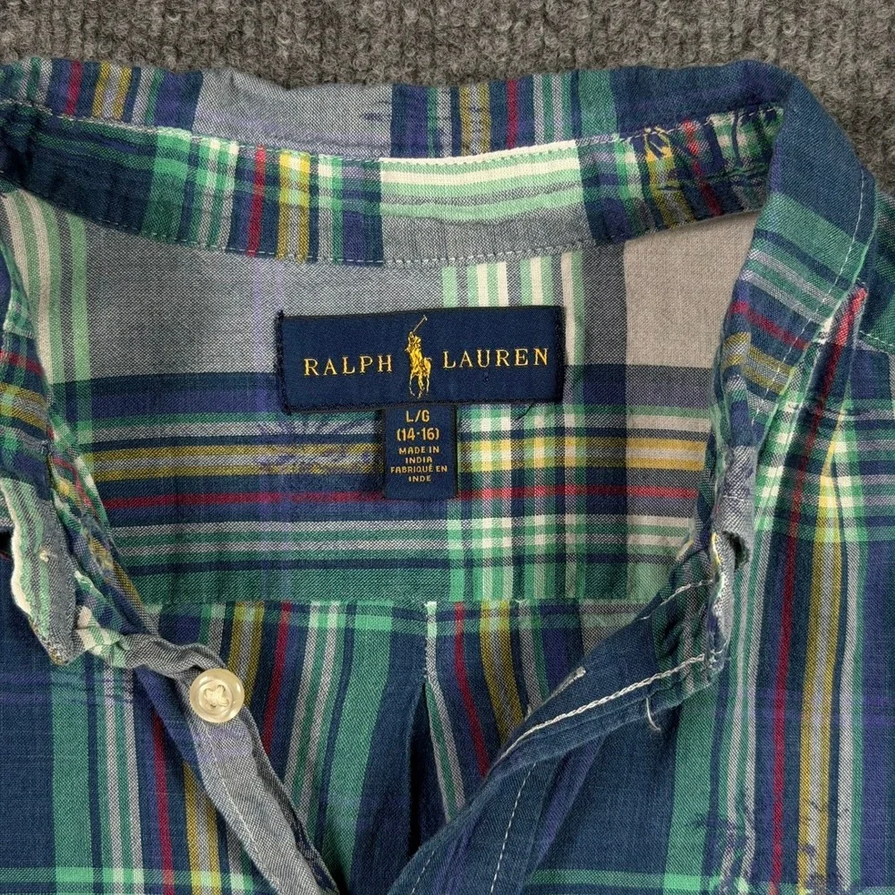 Ralph Lauren Button Down Boy L 14-16 Blue Green Plaid Palm Tree Short Sleeve